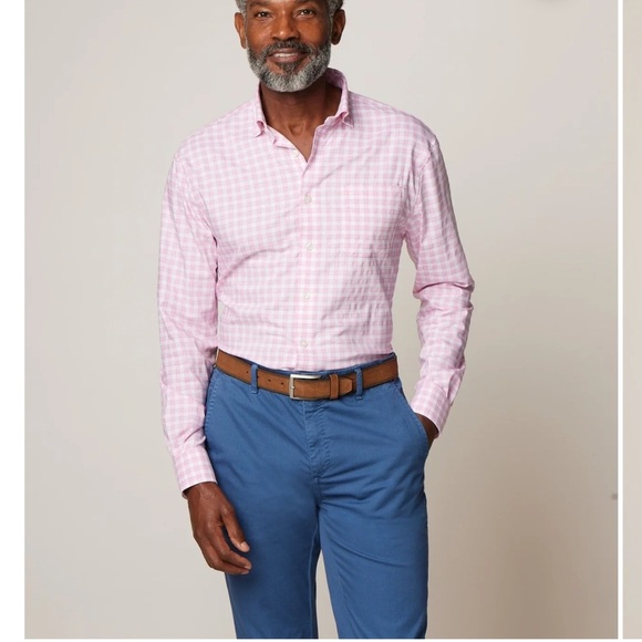 Johnnie-O Performance Button Down Shirt Large Powder Pink Plaid Preppy Career - Picture 1 of 12